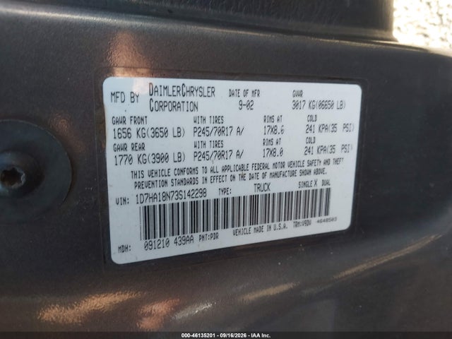 46135201 :رقم المزاد ، 1D7HA18N73S142298 vin ، 2003 Dodge Ram 1500 Slt/laramie/st مزاد بيع