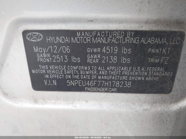 Продаж на аукціоні авто 2007 Hyundai Sonata Limited/se V6, vin: 5NPEU46F77H178238, номер лоту: 46135209