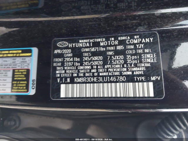 2020 Hyundai Palisade Sel მანქანა იყიდება აუქციონზე, vin: KM8R3DHE3LU146780, აუქციონის ნომერი: 46135211