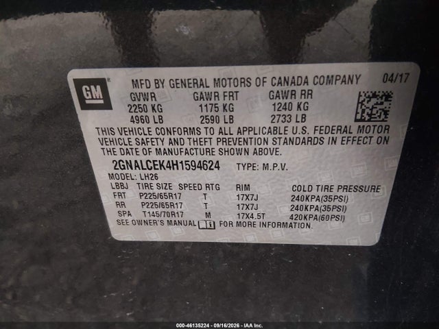 2GNALCEK4H1594624 Chevrolet EQUINOX LT