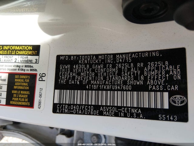46135229 :رقم المزاد ، 4T1BF1FK8FU947600 vin ، 2015 Toyota Camry Le مزاد بيع