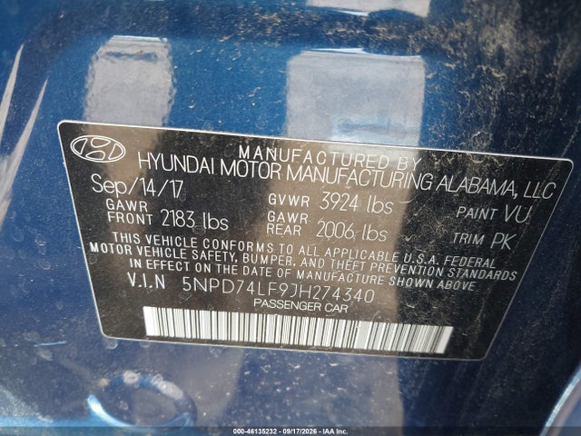 Продажа на аукционе авто 2018 Hyundai Elantra Se, vin: 5NPD74LF9JH274340, номер лота: 46135232