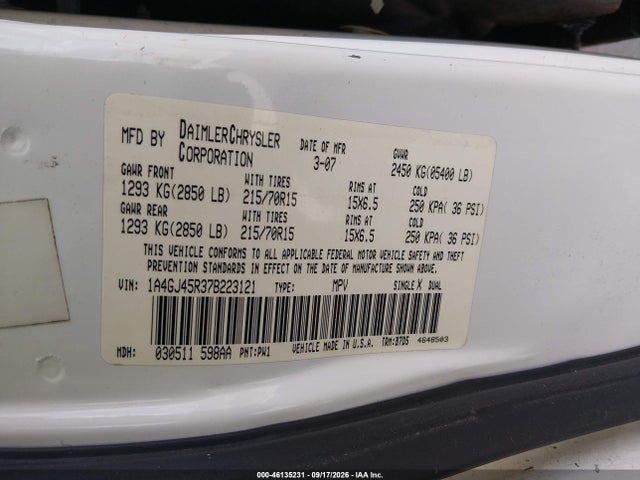 Продажа на аукционе авто 2007 Chrysler Town & Country, vin: 1A4GJ45R37B223121, номер лота: 46135231