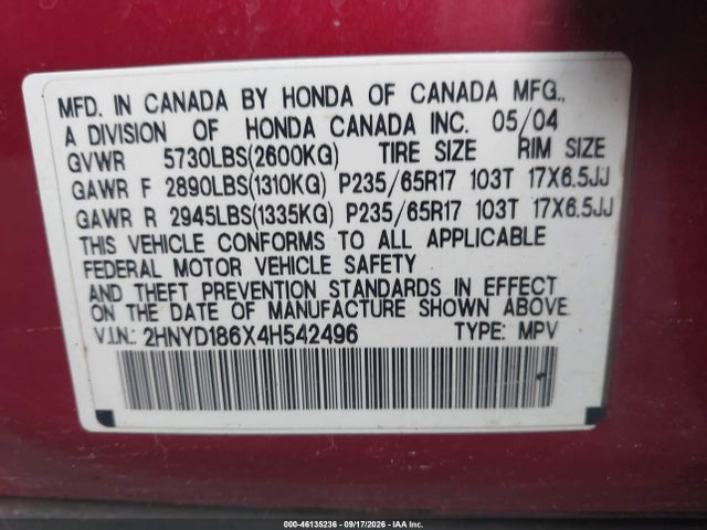 2004 Acura Mdx მანქანა იყიდება აუქციონზე, vin: 2HNYD186X4H542496, აუქციონის ნომერი: 46135236