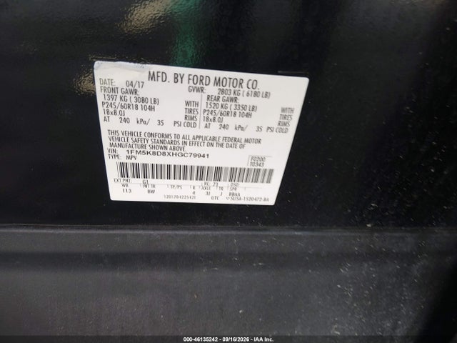 Aukcja sprzedaży 2017 Ford Explorer Xlt, vin: 1FM5K8D8XHGC79941, numer aukcji: 46135242