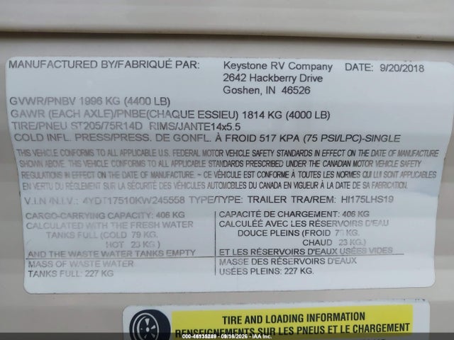 Продажа на аукционе авто 2019 Keystone Hide Out, vin: 4YDT17510KW245558, номер лота: 46135249