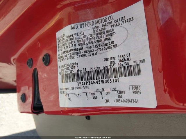 2005 Ford Focus Zx4 მანქანა იყიდება აუქციონზე, vin: 1FAFP34N45W305105, აუქციონის ნომერი: 46135253