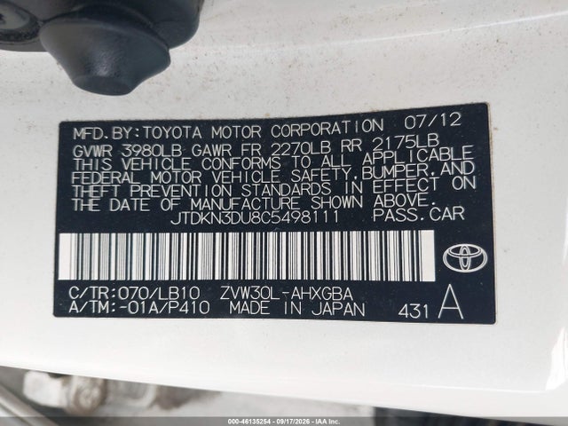 46135254 :رقم المزاد ، JTDKN3DU8C5498111 vin ، 2012 Toyota Prius Five مزاد بيع