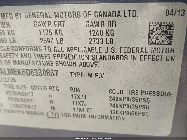 Aukcja sprzedaży 2013 Gmc Terrain Sle-1, vin: 2GKALMEK6D6330837, numer aukcji: 46135262