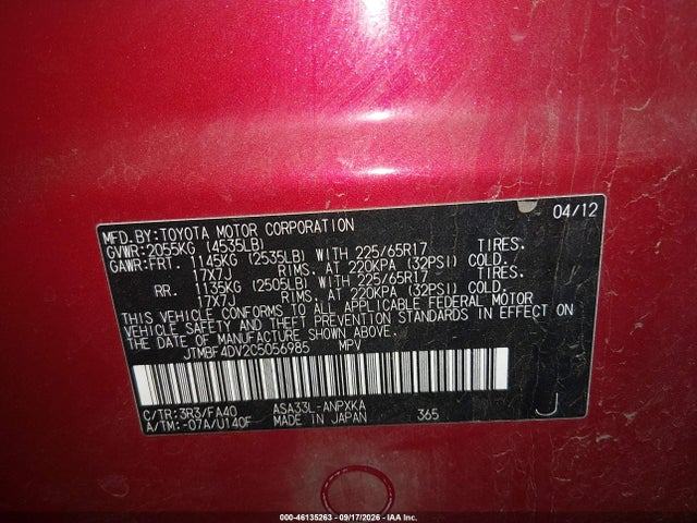 46135263 :رقم المزاد ، JTMBF4DV2C5056985 vin ، 2012 Toyota Rav4 مزاد بيع