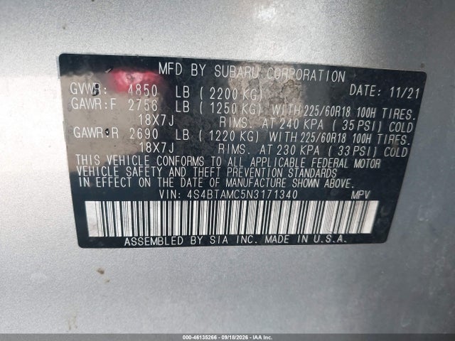 Subaru Outback Limited 2022 4S4BTAMC5N3171340 Image 9