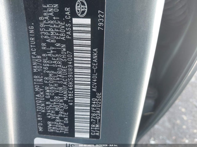 46135270 :رقم المزاد ، 4T1BE46K59U894007 vin ، 2009 Toyota Camry Le مزاد بيع