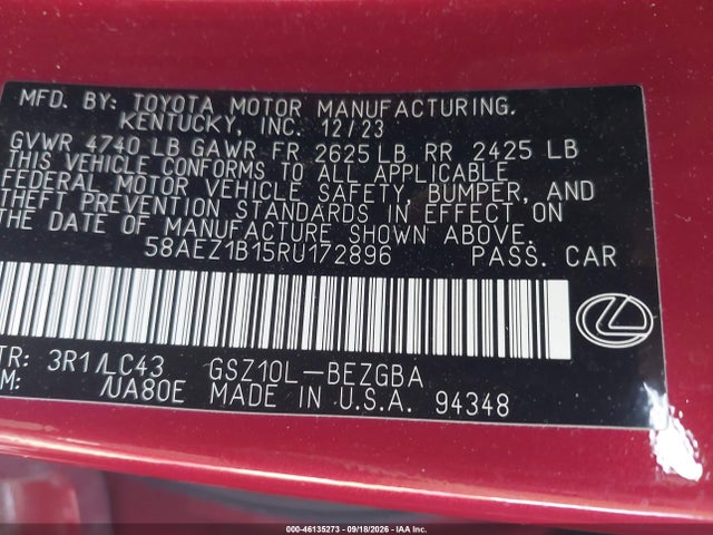 Aukcja sprzedaży 2024 Lexus Es 350 Luxury, vin: 58AEZ1B15RU172896, numer aukcji: 46135273