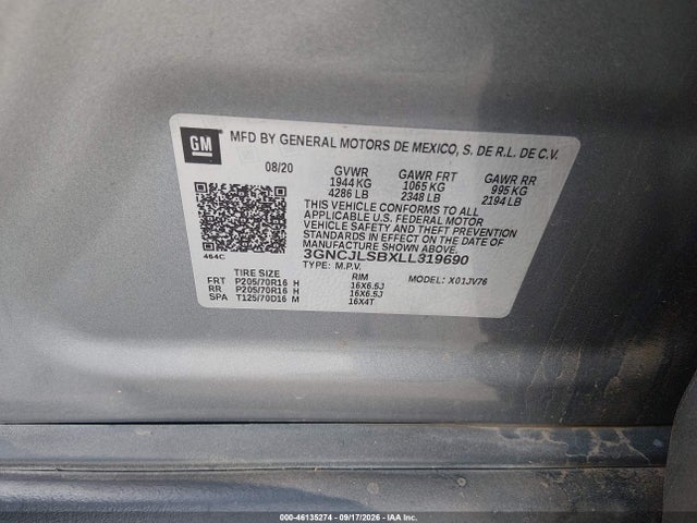 2020 Chevrolet Trax Fwd Lt მანქანა იყიდება აუქციონზე, vin: 3GNCJLSBXLL319690, აუქციონის ნომერი: 46135274