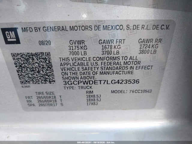 Продажа на аукционе авто 2020 Chevrolet Silverado 1500 2wd  Short Bed Rst, vin: 3GCPWDET7LG423536, номер лота: 46135281
