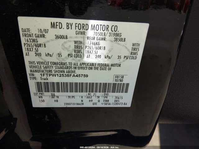 46135284 :رقم المزاد ، 1FTPW12538FA45759 vin ، 2008 Ford F-150 60th Anniversary/fx2/king Ranch/lariat/limited/xlt مزاد بيع
