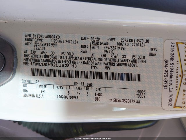 2020 Ford Escape Sel მანქანა იყიდება აუქციონზე, vin: 1FMCU9H92LUB28113, აუქციონის ნომერი: 46135296