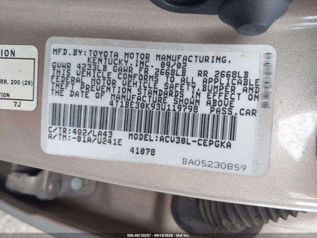 46135297 :رقم المزاد ، 4T1BE30K93U119798 vin ، 2003 Toyota Camry Xle مزاد بيع