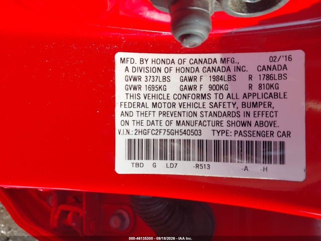 2016 Honda Civic Ex მანქანა იყიდება აუქციონზე, vin: 2HGFC2F75GH540503, აუქციონის ნომერი: 46135300