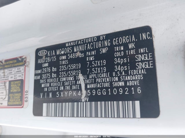 Продаж на аукціоні авто 2016 Kia Sorento 3.3l Sx, vin: 5XYPK4A59GG109216, номер лоту: 46135301
