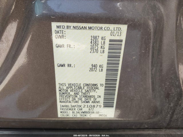 46135319 :رقم المزاد ، 1N4BL3AP2DC210879 vin ، 2013 Nissan Altima 3.5 Sl مزاد بيع