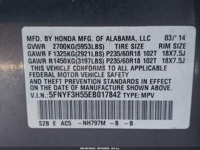 46135322 :رقم المزاد ، 5FNYF3H55EB017842 vin ، 2014 Honda Pilot Ex-l مزاد بيع