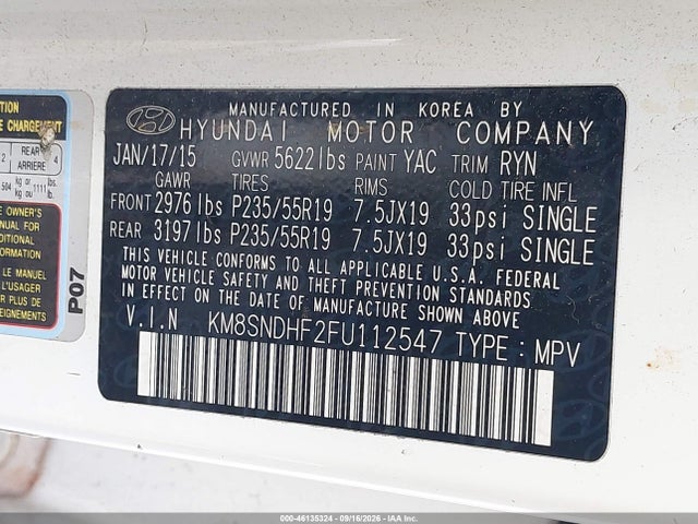 2015 Hyundai Santa Fe Limited მანქანა იყიდება აუქციონზე, vin: KM8SNDHF2FU112547, აუქციონის ნომერი: 46135324