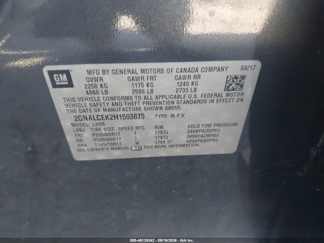 46135342 :رقم المزاد ، 2GNALCEK2H1593875 vin ، 2017 Chevrolet Equinox Lt مزاد بيع