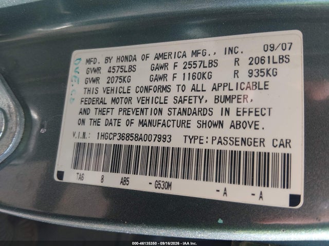 Продаж на аукціоні авто 2008 Honda Accord 3.5 Ex-l, vin: 1HGCP36858A007993, номер лоту: 46135350