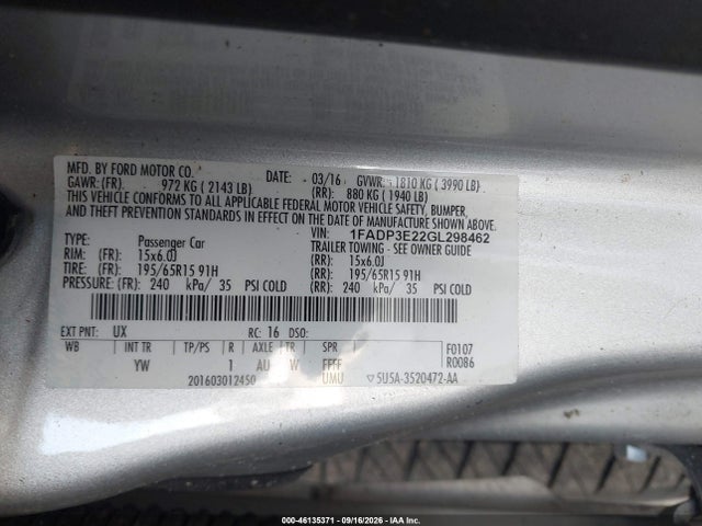 46135371 :رقم المزاد ، 1FADP3E22GL298462 vin ، 2016 Ford Focus S مزاد بيع