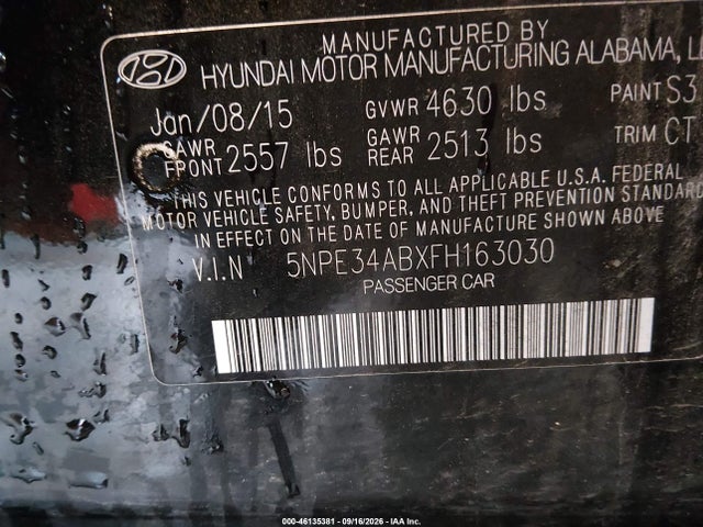Aukcja sprzedaży 2015 Hyundai Sonata Limited 2.0t, vin: 5NPE34ABXFH163030, numer aukcji: 46135381