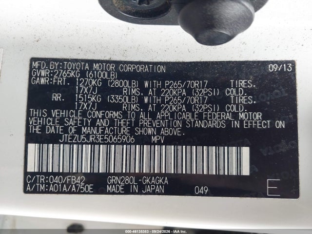 2014 Toyota 4runner Sr5 მანქანა იყიდება აუქციონზე, vin: JTEZU5JR3E5065906, აუქციონის ნომერი: 46135383