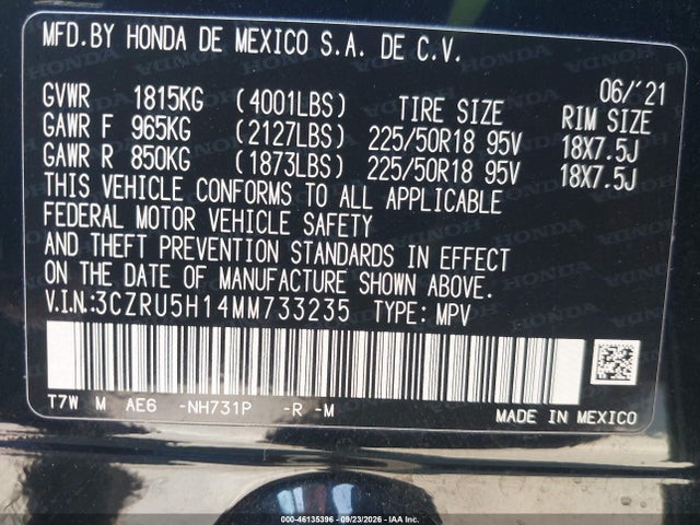 Aukcja sprzedaży 2021 Honda Hr-v 2wd Sport, vin: 3CZRU5H14MM733235, numer aukcji: 46135396