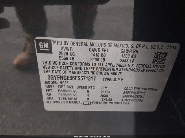 46135398 :رقم المزاد ، 3GYFNGE36FS571317 vin ، 2015 Cadillac Srx Premium Collection مزاد بيع