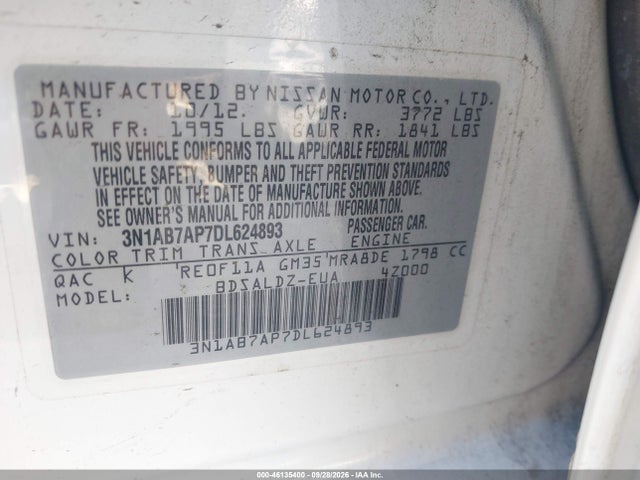 46135400 :رقم المزاد ، 3N1AB7AP7DL624893 vin ، 2013 Nissan Sentra Sv مزاد بيع