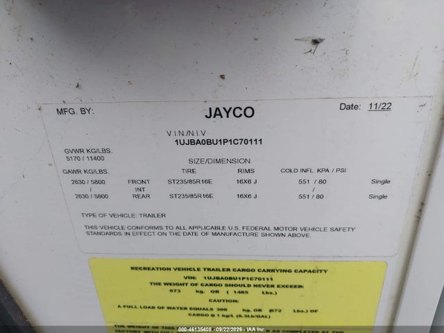 2023 Jayco Bhok Eagle Ht 312 Travel Trailer მანქანა იყიდება აუქციონზე, vin: 1UJBA0BU1P1C70111, აუქციონის ნომერი: 46135408
