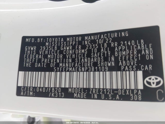 Aukcja sprzedaży 2022 Toyota Corolla Le, vin: 5YFEPMAE6NP381109, numer aukcji: 46135410