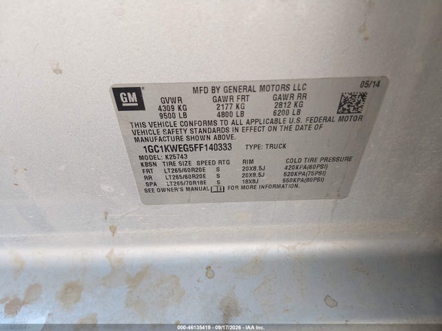 46135419 :رقم المزاد ، 1GC1KWEG5FF140333 vin ، 2015 Chevrolet Silverado 2500hd Ltz مزاد بيع