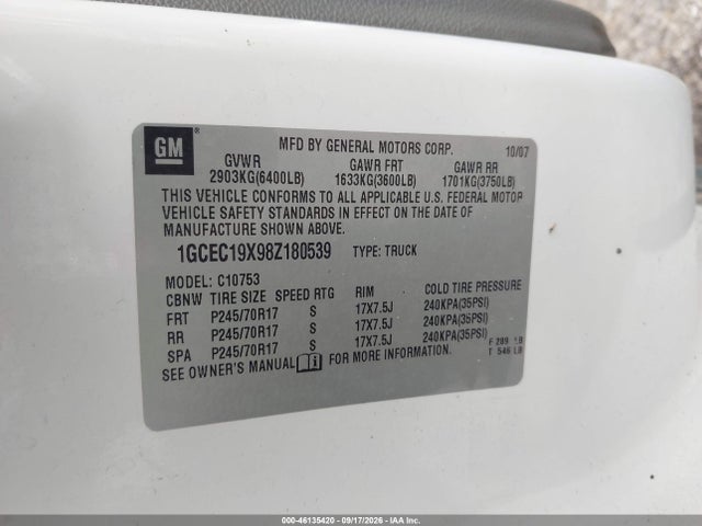 46135420 :رقم المزاد ، 1GCEC19X98Z180539 vin ، 2008 Chevrolet Silverado 1500 Work Truck مزاد بيع