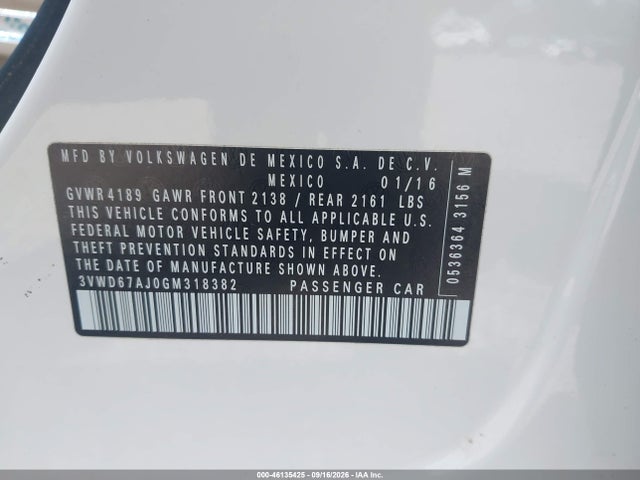 46135425 :رقم المزاد ، 3VWD67AJ0GM318382 vin ، 2016 Volkswagen Jetta 1.4t Se مزاد بيع