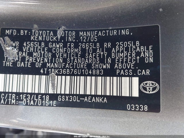 Продаж на аукціоні авто 2006 Toyota Avalon Touring, vin: 4T1BK36B76U104883, номер лоту: 46135430