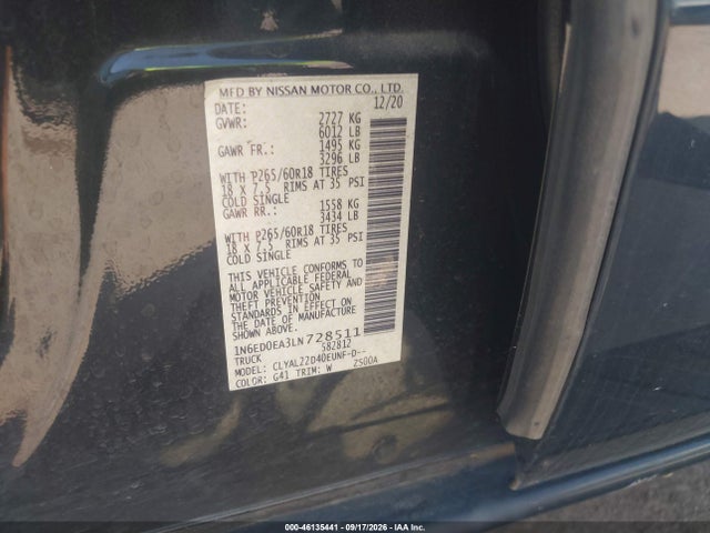 46135441 :رقم المزاد ، 1N6ED0EA3LN728511 vin ، 2020 Nissan Frontier Sv 4x2 مزاد بيع