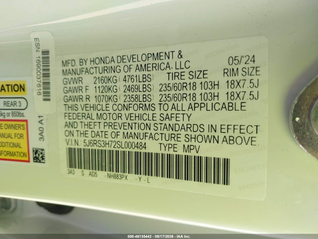 46135442 :رقم المزاد ، 5J6RS3H72SL000484 vin ، 2025 Honda Cr-v Ex-l 2wd مزاد بيع