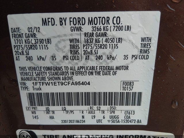 Продажа на аукционе авто 2012 Ford F-150 Lariat, vin: 1FTFW1ET9CFA95404, номер лота: 46135443