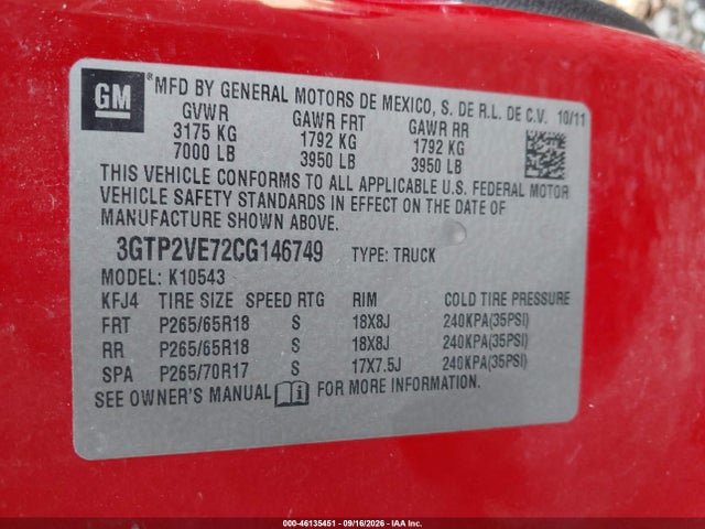 Продаж на аукціоні авто 2012 Gmc Sierra 1500 Sle, vin: 3GTP2VE72CG146749, номер лоту: 46135451