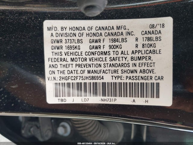 Honda CIVIC EX 2018 2HGFC2F75JH586954 Image 9