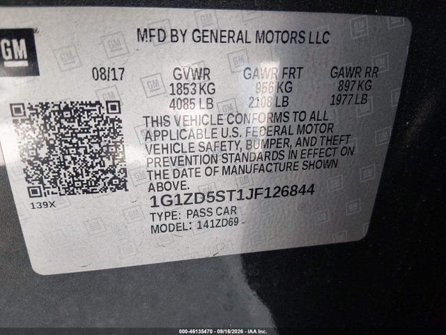 Продажа на аукционе авто 2018 Chevrolet Malibu Lt, vin: 1G1ZD5ST1JF126844, номер лота: 46135470