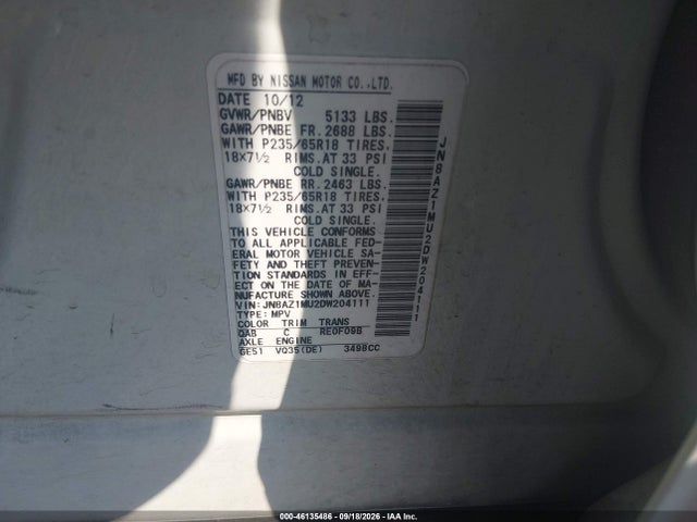 46135486 :رقم المزاد ، JN8AZ1MU2DW204111 vin ، 2013 Nissan Murano Sv مزاد بيع