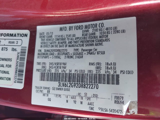 46135502 :رقم المزاد ، 3LN6L2G92DR822270 vin ، 2013 Lincoln Mkz مزاد بيع