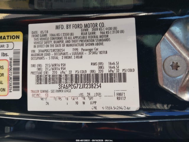 Aukcja sprzedaży 2018 Ford Fusion S, vin: 3FA6P0G72JR238254, numer aukcji: 46135531